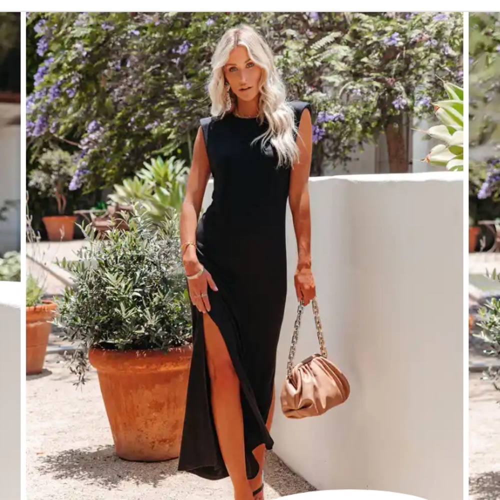 VICI TEAGAN PADDED SHOULDER KNIT MAXI DRESS - BLACK